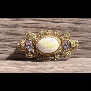 Antique Brass Brooch With Milky White Faceted Stone With 2 Purple Accent Stones